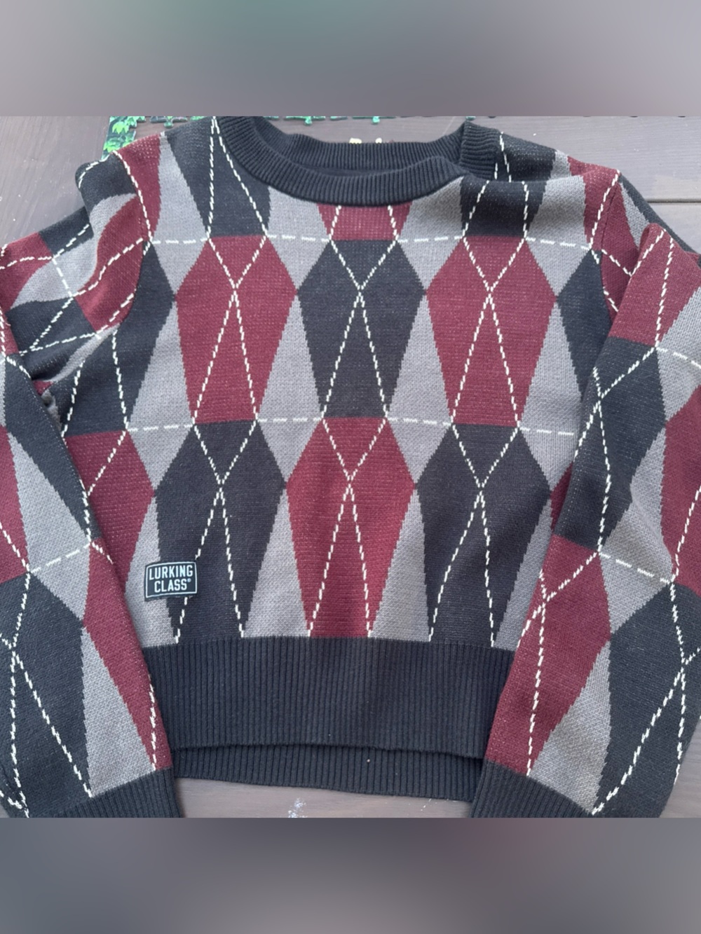 Lurking Class Argyle Crewneck Sweater - Burgundy, Gray, Black crop punk goth